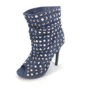 Liliana Gold Studded Slouchy Denim Booties Sz 7.5